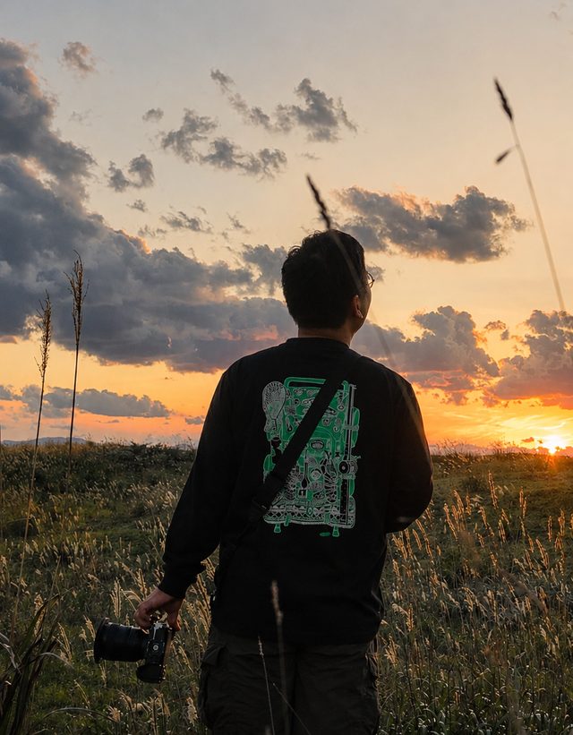 夕焼けの草原でカメラを手にした人の後ろ姿